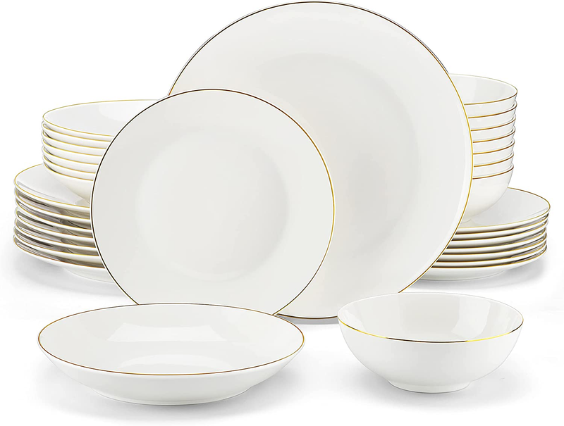Dish Set for 8  32 Piece Bone China Dinnerware Sets w/ Golden Rim round White Pl