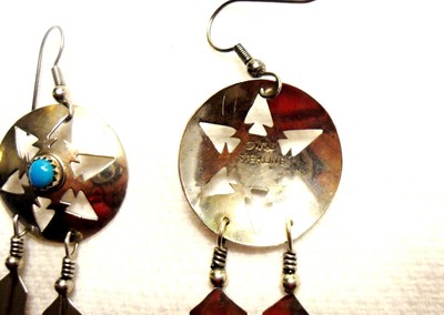 Vintage Large Signed DV Lee Turquoise Feather Sterling Silver Dangle Earrings