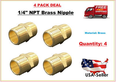 Solid Brass Pipe Fitting, 1/4'' x 1/4'' NPT Male, Hex Nipple, (4 Pack Deal)
