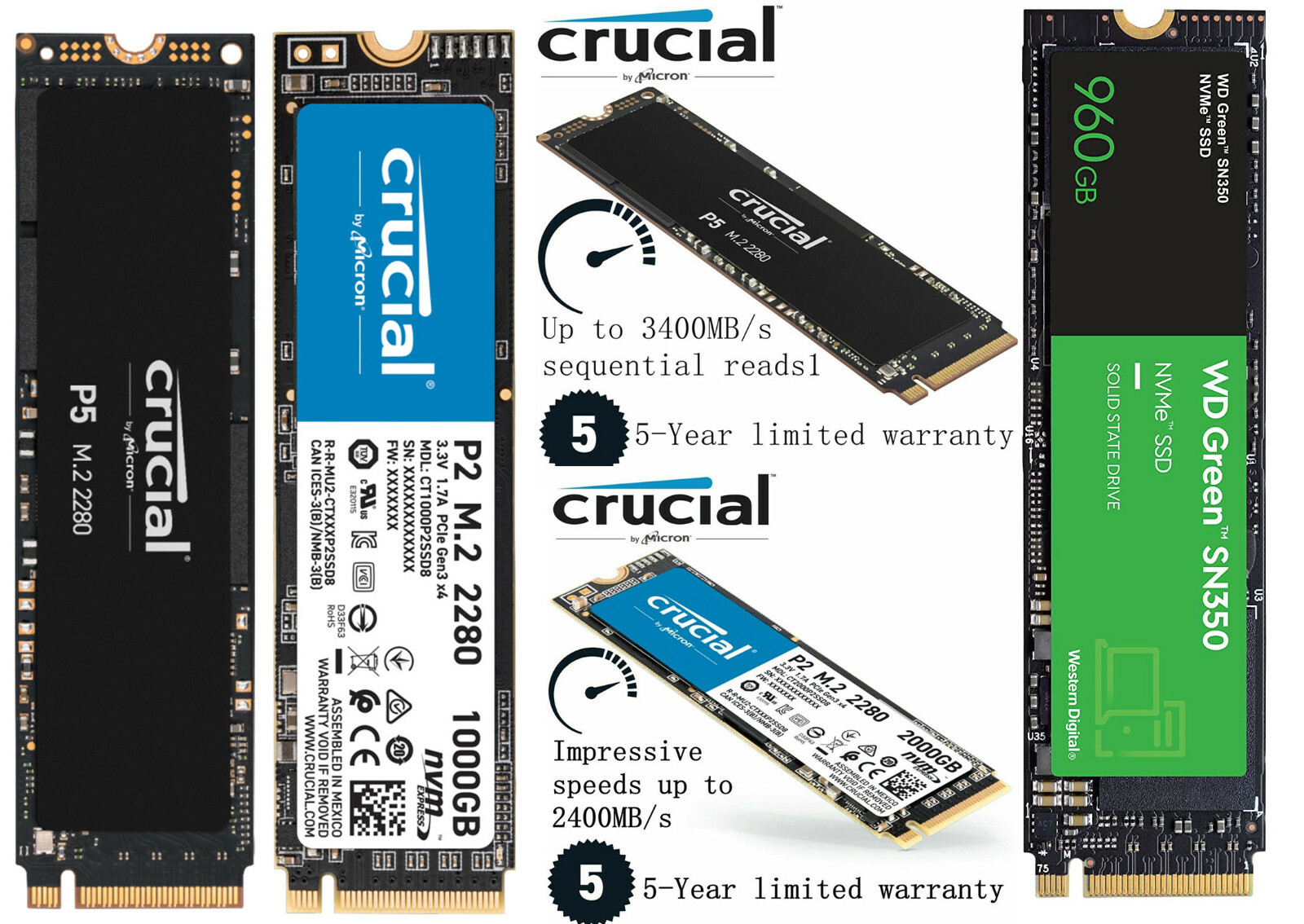 Crucial P3 Plus 500GB 1TB 2TB M.2 PCIe NVMe SSD Kingston NV3