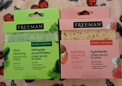 *2* FREEMAN SPONGES - 1 STRAWBERRY MILK & 1 GREEN TEA SOAP INFUSED SPONGES 