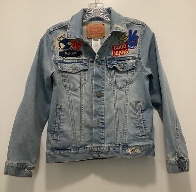 Levi s Kids Youth Denim Jacket M Blue Patches Good Jeans Give Earth A Chance