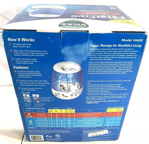 Vicks Cool Mist Filter Free 1.2 Gallon Humidifier Model # V4600V1 New Free Ship