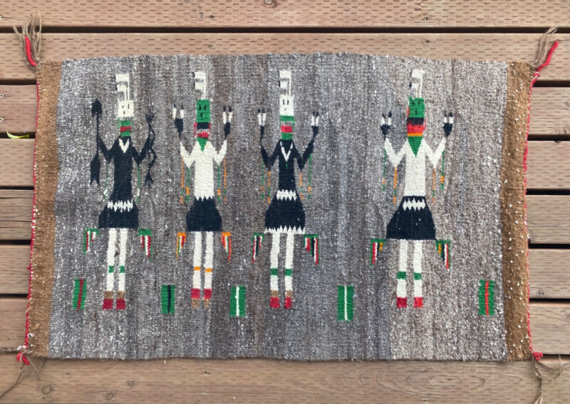 Vintage Navajo rug ; Four Yei figures - Bow/Arrow and Prayer Feathers