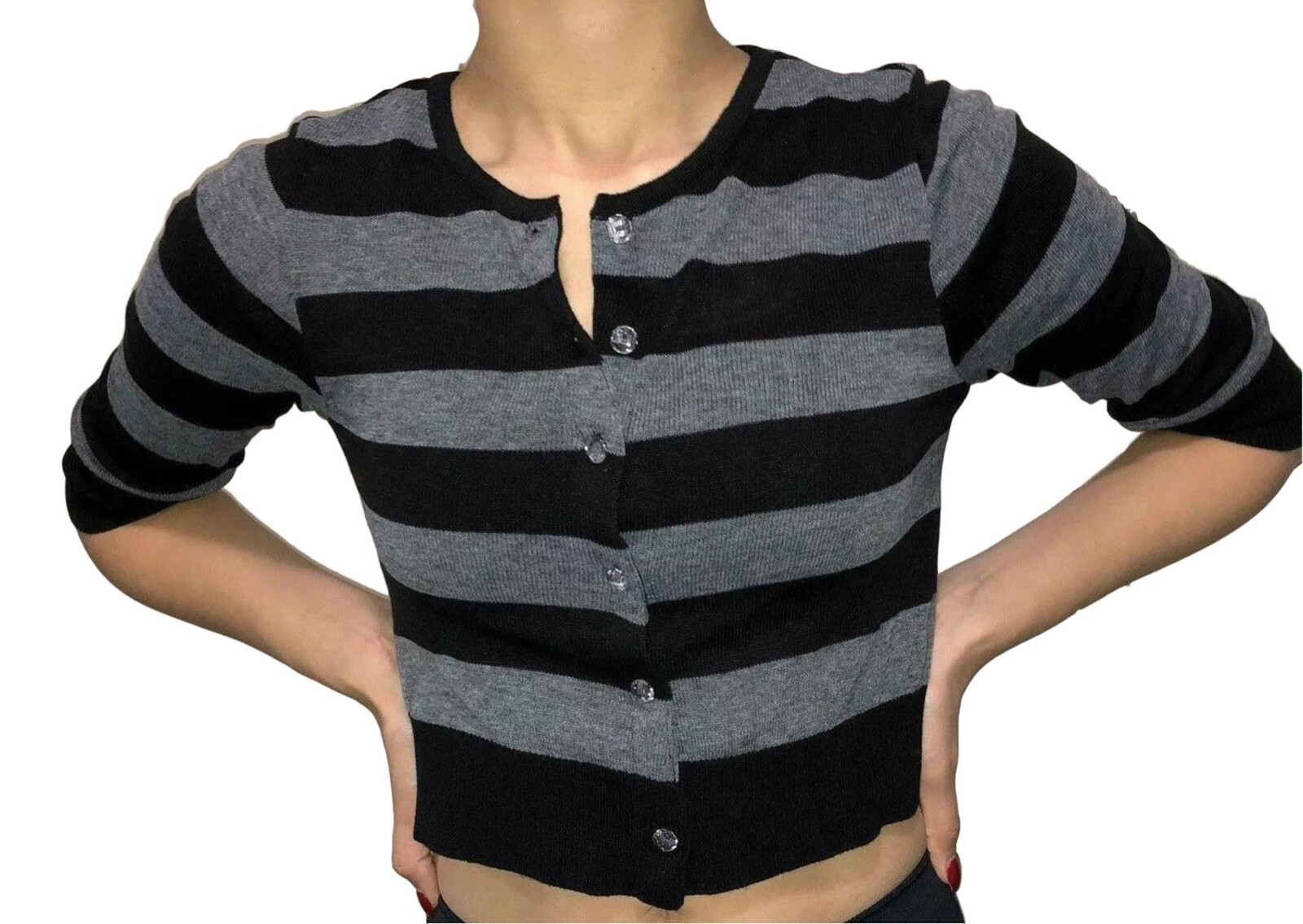 Black & Grey Striped Crop Cardigan Sweater Button Up Mid