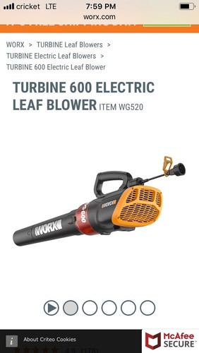 Worx Turbine 12 Amp Corded Leaf Blower with 110 MPH and 600 CFM Output and Speed