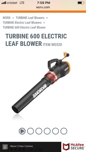 Worx Turbine 12 Amp Corded Leaf Blower with 110 MPH and 600 CFM Output and Speed
