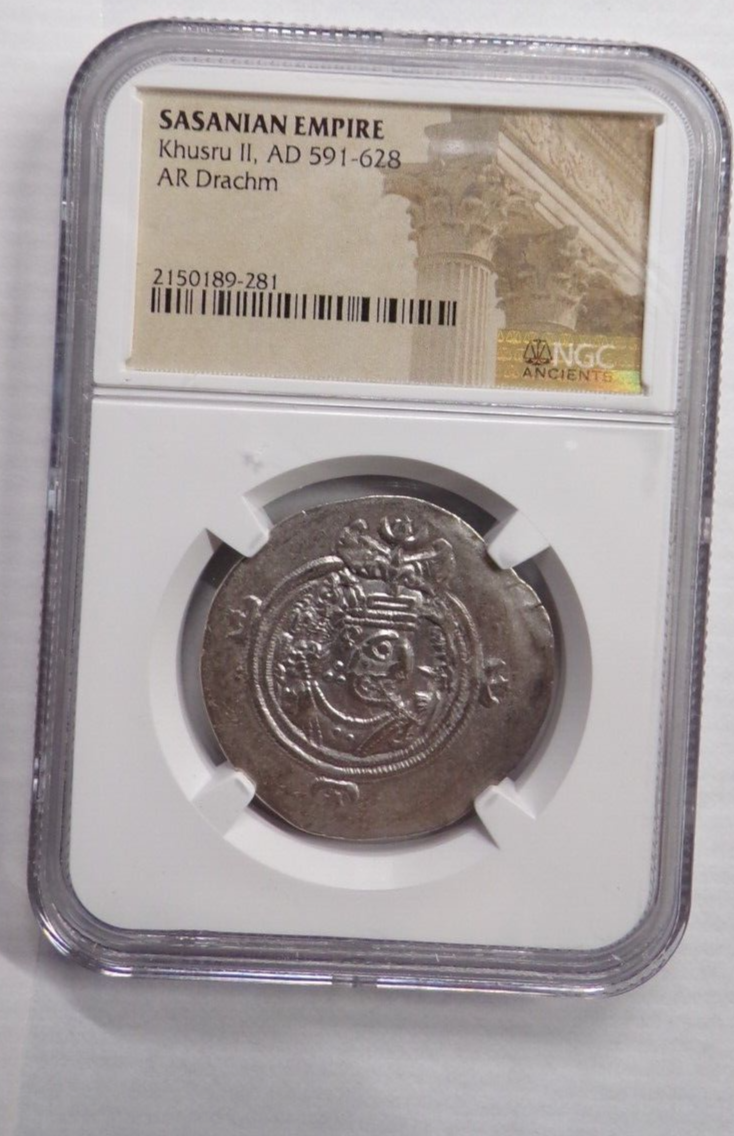 591-628 AD SASANIAN EMPIRE KHURSU II AR SILVER DRACHM NGC