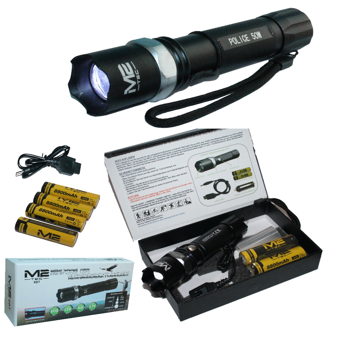 2x Polizei Swat Led Cree Taschenlampe Zoom 1000M Leuchtweite 4x 8800mAh Akku eBay