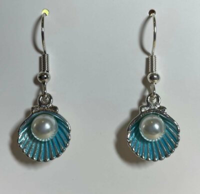 HANDMADE - Pair Blue Pearl Bead Shell Drop Hook Earrings - Great Gift