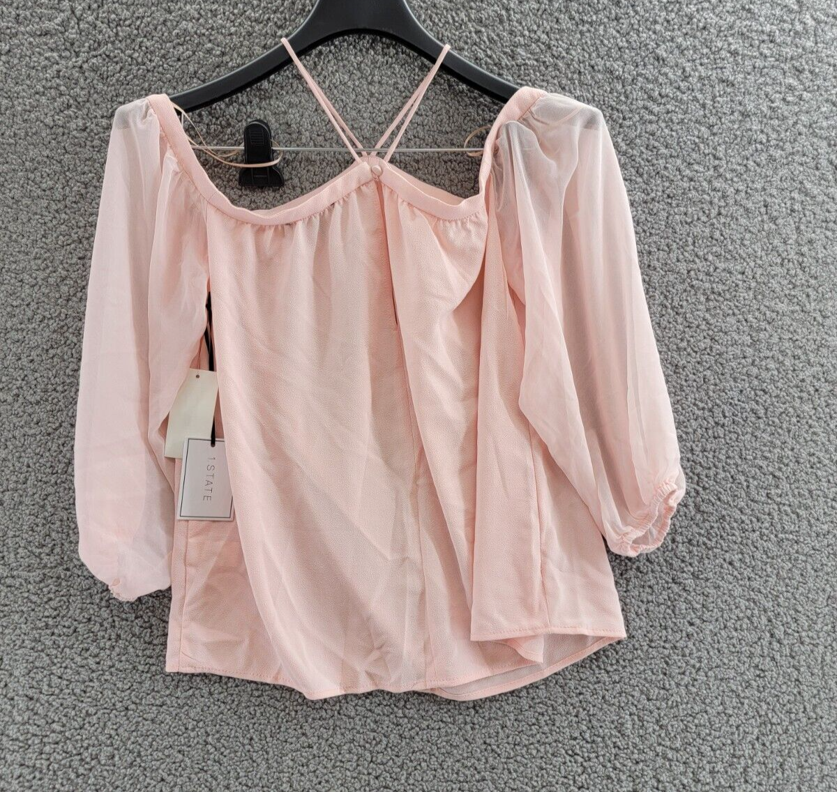 1.STATE Cold-Shoulder Top Women's XXS Pink Taffeta Back Button Long Sleeve - Picture 10 of 16