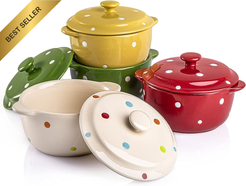 4 Pack Porcelain Ramekins, 9 OZ Mini Casserole Bowl with Lid and Handle, Ceramic