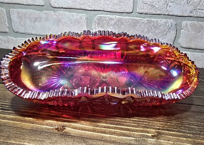 Vintage LE Smith Ruby Red Iridescent Carnival Glass Elongated Relish Dish *JDK*