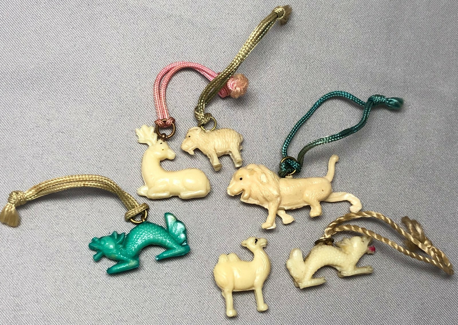 6 1940s LION Goat DRAGON Deer CAMEL Charm CRACKER JACK Prize Toy Premium Vintage