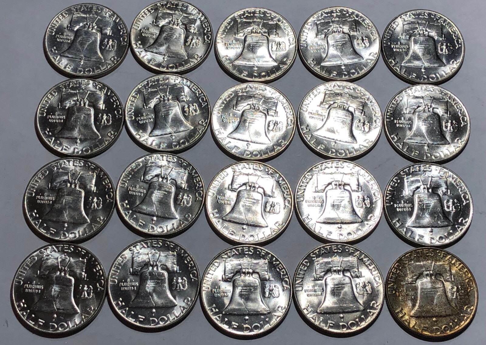1957-D BU ROLL of 20 Franklin silver half dollar coins.
