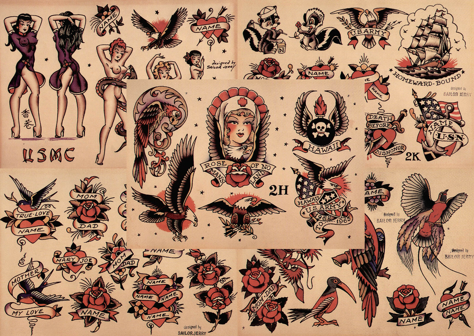 Sailor Jerry Traditional Vintage Style Tattoo Flash 5 Sheets 11x14" Ol...