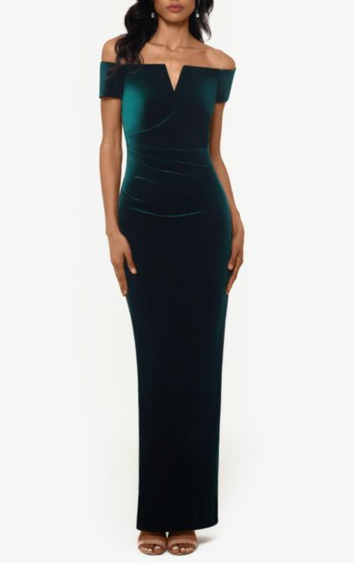 Xscape L29418 Womens Hunter Green Velvet Off-the-Shoulder Xscape L29418 Womens Hunter Green Velvet Off-the-Shoulder