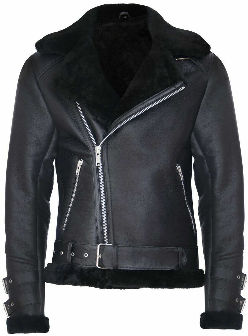 Pre-owned Infinity Men's Black Retro Raf B3 Pilot Real Sheepskin Shearling Biker Leather Jacket