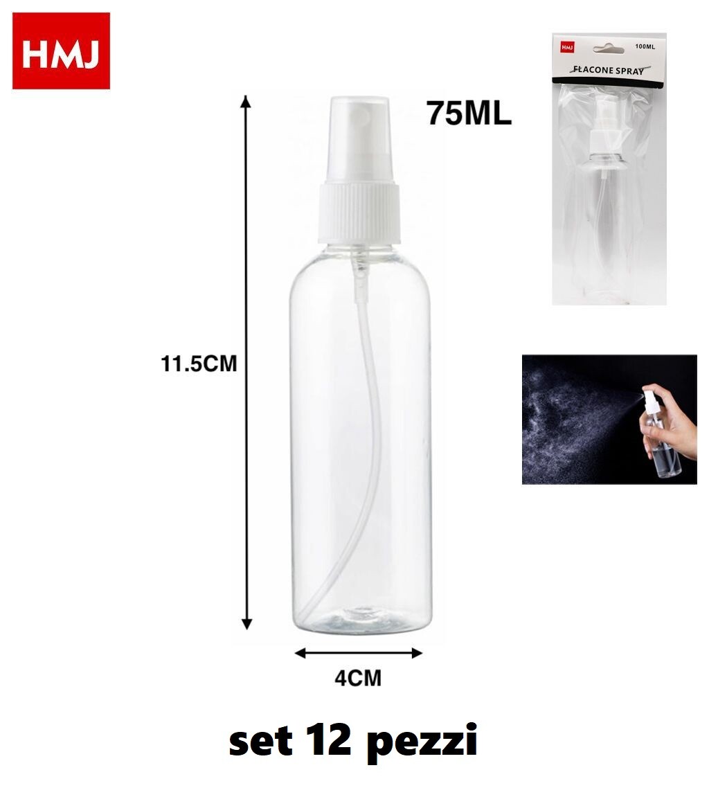 Set 12 Pezzi Bottiglia Spray Vuota Boccetta Plastica Spruzzo Profumo 75ml hmj