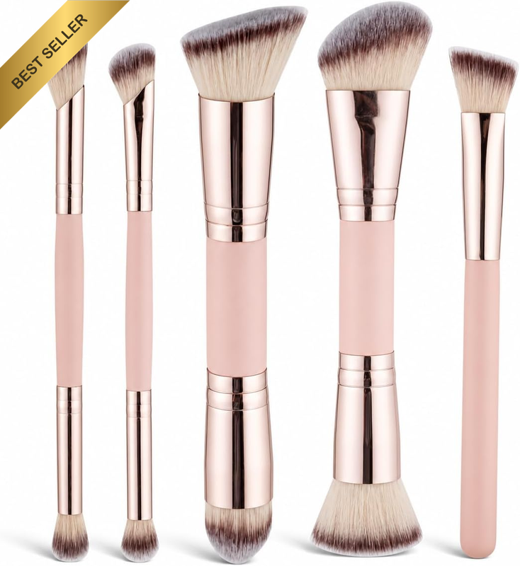Makeup Brush Set, 5-Piece Dual-Ended Premium Synthetic Fiber Brushes in Pink and