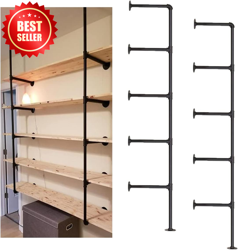 2 PC 5-Tier Industrial Iron Pipe Wall Mount Shelf Shelving Bracket Black US
