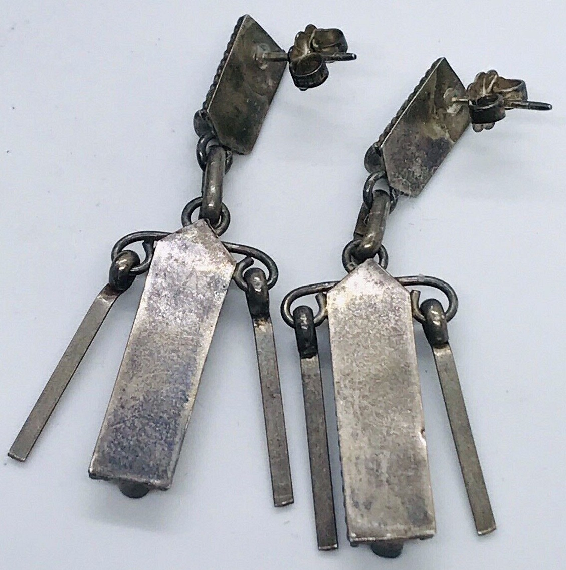 Silver Snake Eye Petit Point Turquoise Chandelier Post Drop Dangle Earrings