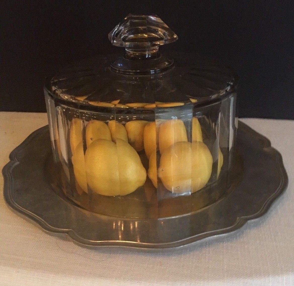 Antique French Glass Cloche Dome With Old Pewter Plate