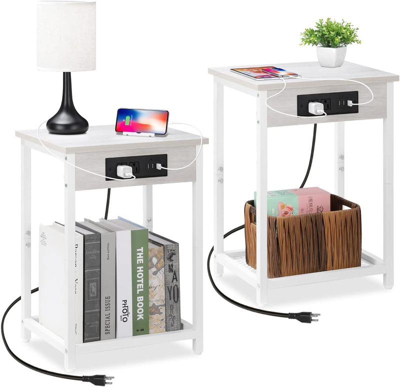 S Set Of 2, End Table With Charging Station & Usb Ports, 2 Tier Narrow