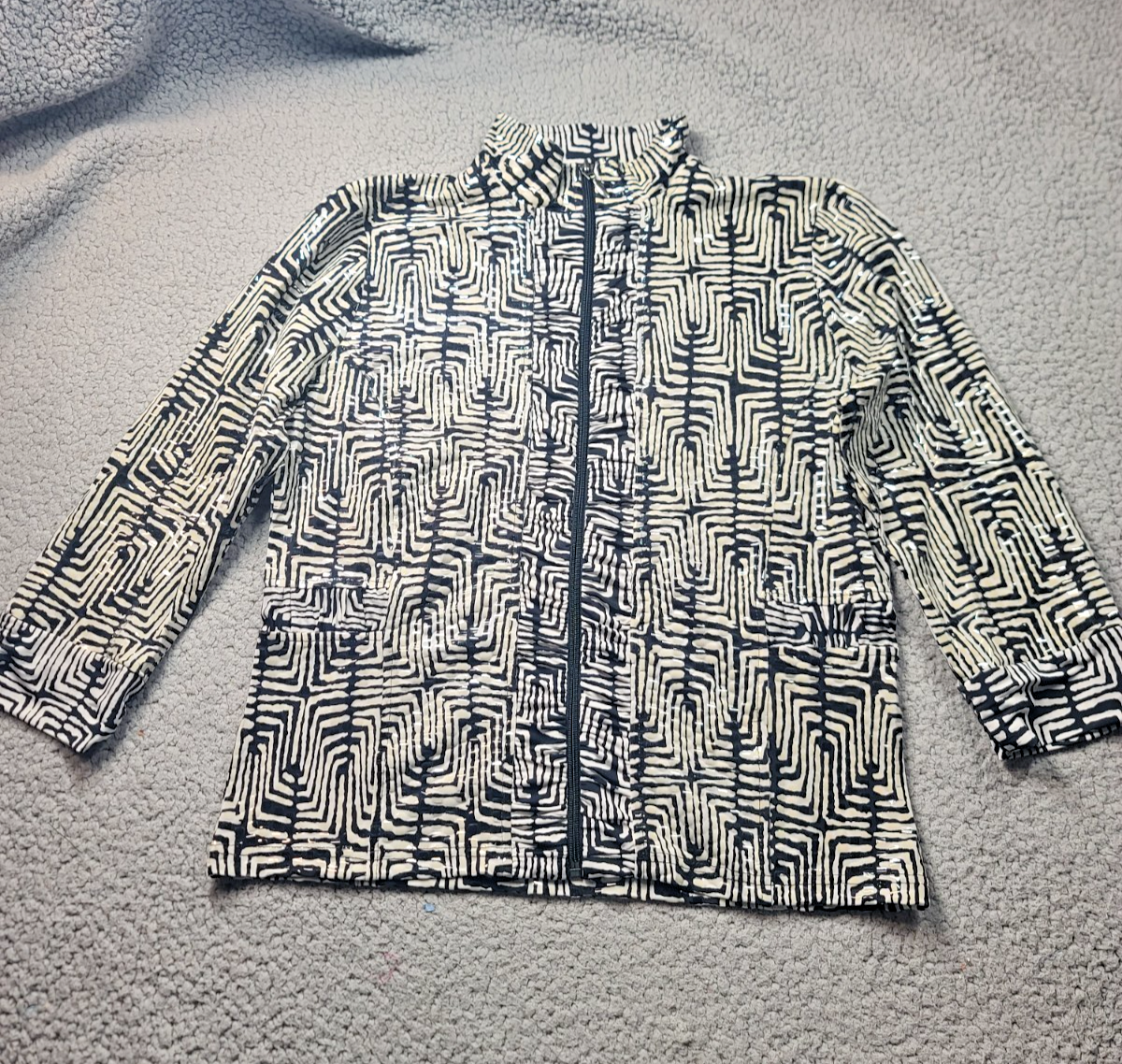 TONI MORGAN Womens Shimmer Zip Jacket Black Cream Abstract Tribal Roushed Small
