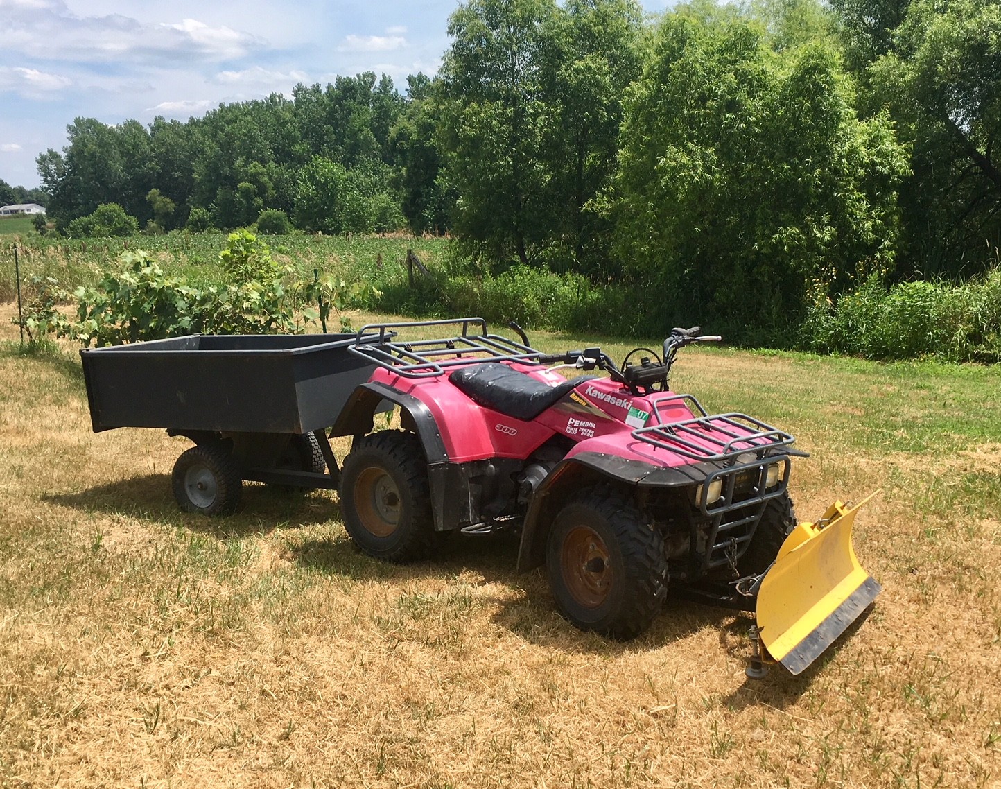 2003 Kawasaki Bayou 300 ATV 4X4 with Moose Snow Plow and Groundwork Trailer