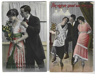 Antique ROMANCE FLIRT   THE WAY WE SPEND OUR EVENINGS'' 1915 Set of 2 Postcards