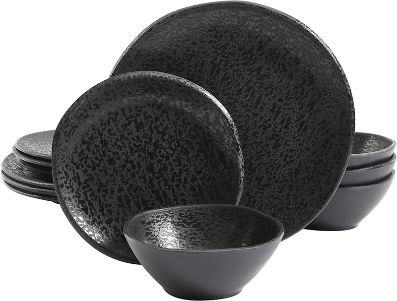Yoko round Melamine Plastic Dinnerware Set, Service for Four (12Pcs) Matte Black