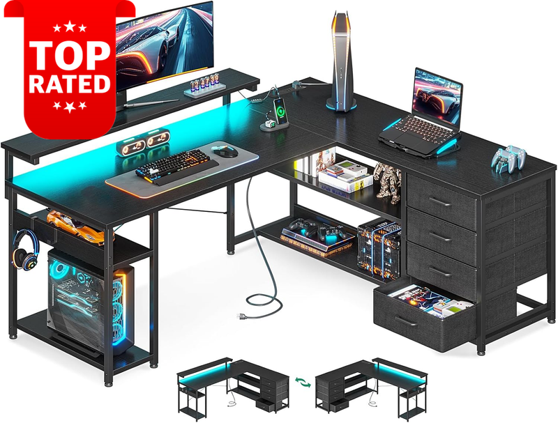 L Shaped Gaming Desk with LED Lights Power Outlets 4 Drawers Home Office Black