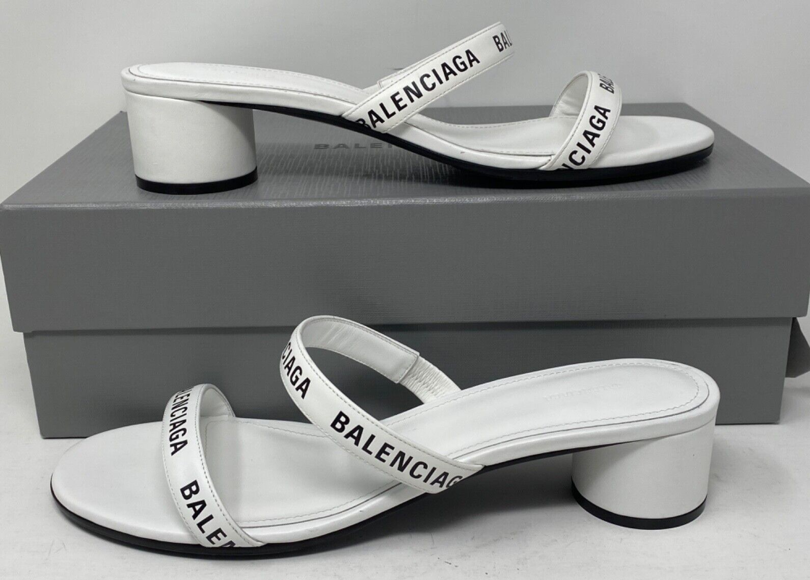 NEW WHITE & BLACK BALENCIAGA LOGO HEEL SANDAL SHOES SIZE 40