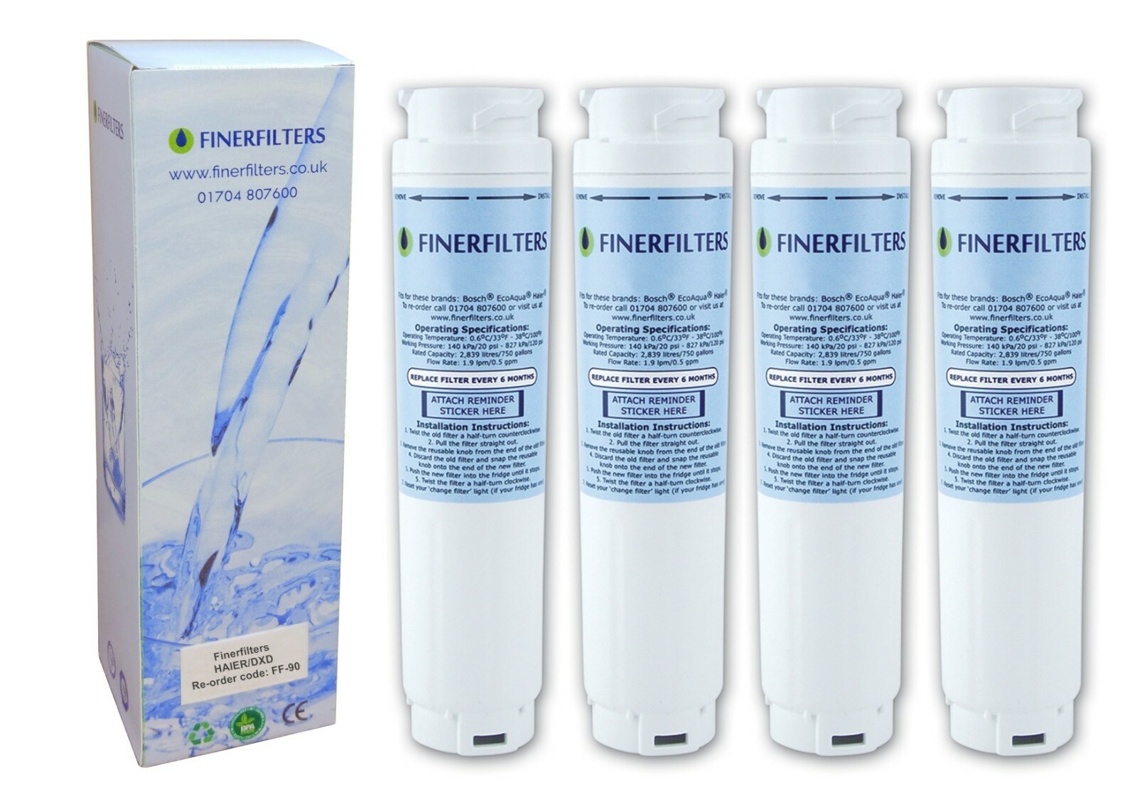 4 x Finerfilters FF90 Compatible Haier DXD / Rangemaster Fridge Water
