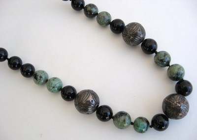 African Opal Blue Green Jasper Black Onyx Bead Necklace Earring Silver Plated