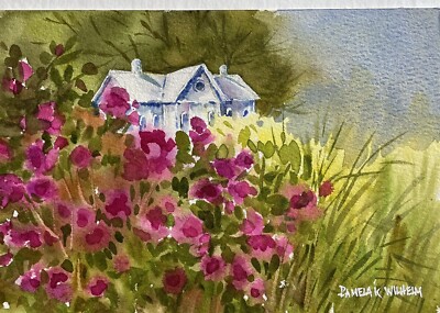 Pamela Wilhelm Watercolor 5 x7  Original Fantasy  House & Garden Floral