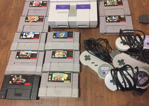 Super Nintendo SNES Console Lot W/ 12 Games. Mario Kart, World, All Stars, Jam