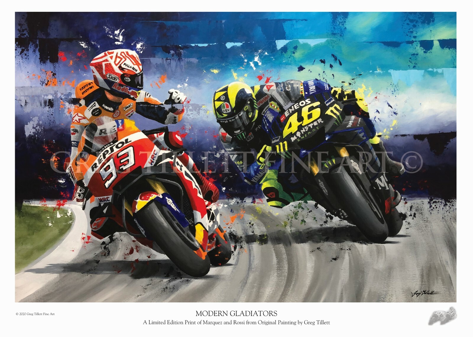 VALENTINO ROSSI MARC MARQUEZ limited edition print by Greg Tillett A3