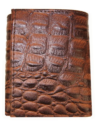 Crocodile Embossed Credit Card ID Cowhide Leather Men's Brown Trifold...
