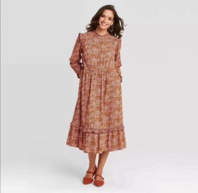 Universal Thread Cottagecore Brown Floral Long Sleeve Midi Ruffle Dress