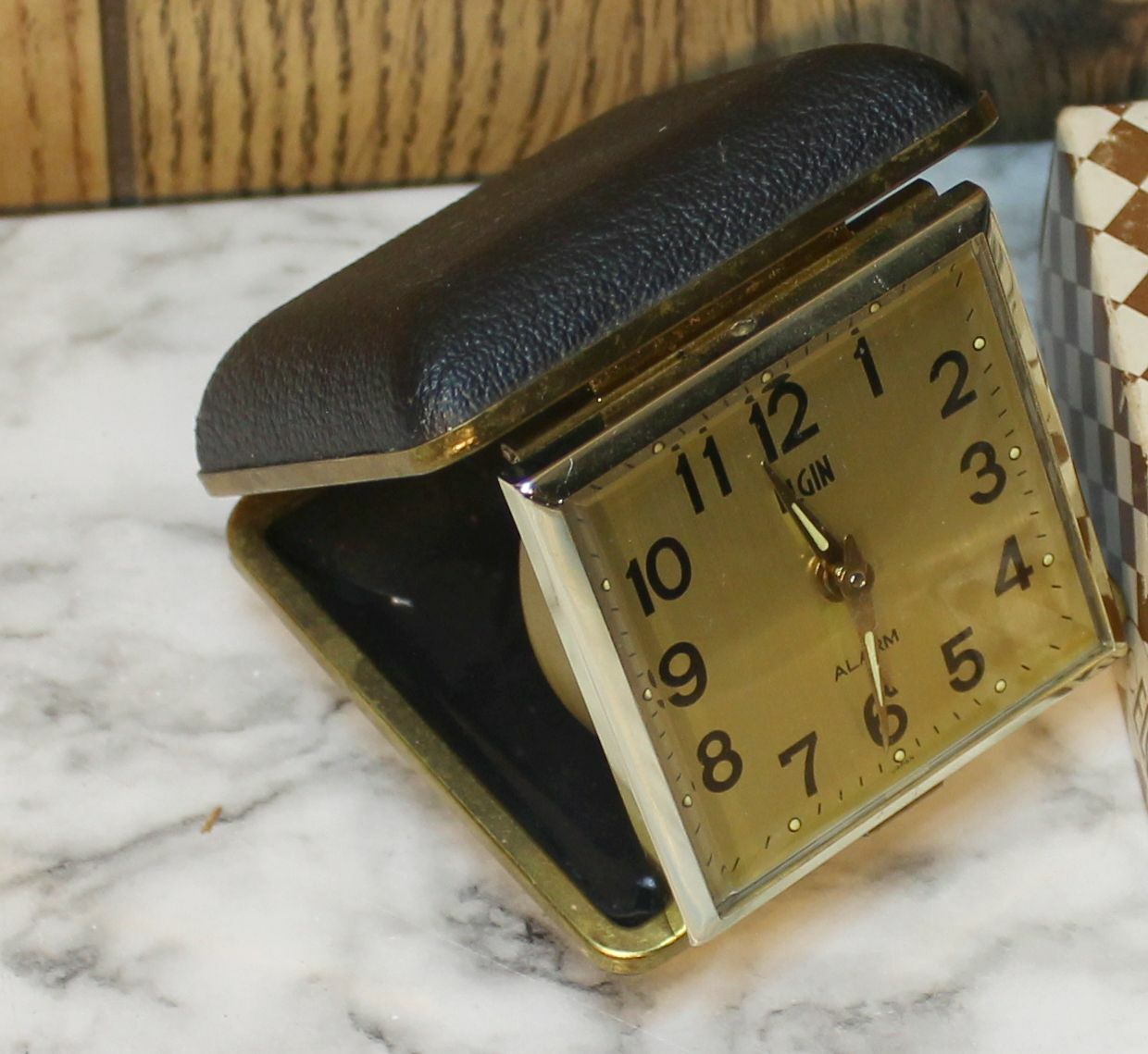 Vintage Elgin Wind Up Travel Alarm Clock with Box