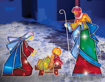 3-PC Lighted Stained Glass Look Nativity Scene Yard Stakes, Electric 28''H  #842
