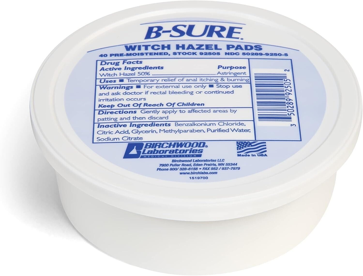 2PK) B-Sure Pre-Moistened 50% Witch Hazel Pads, 40 Count