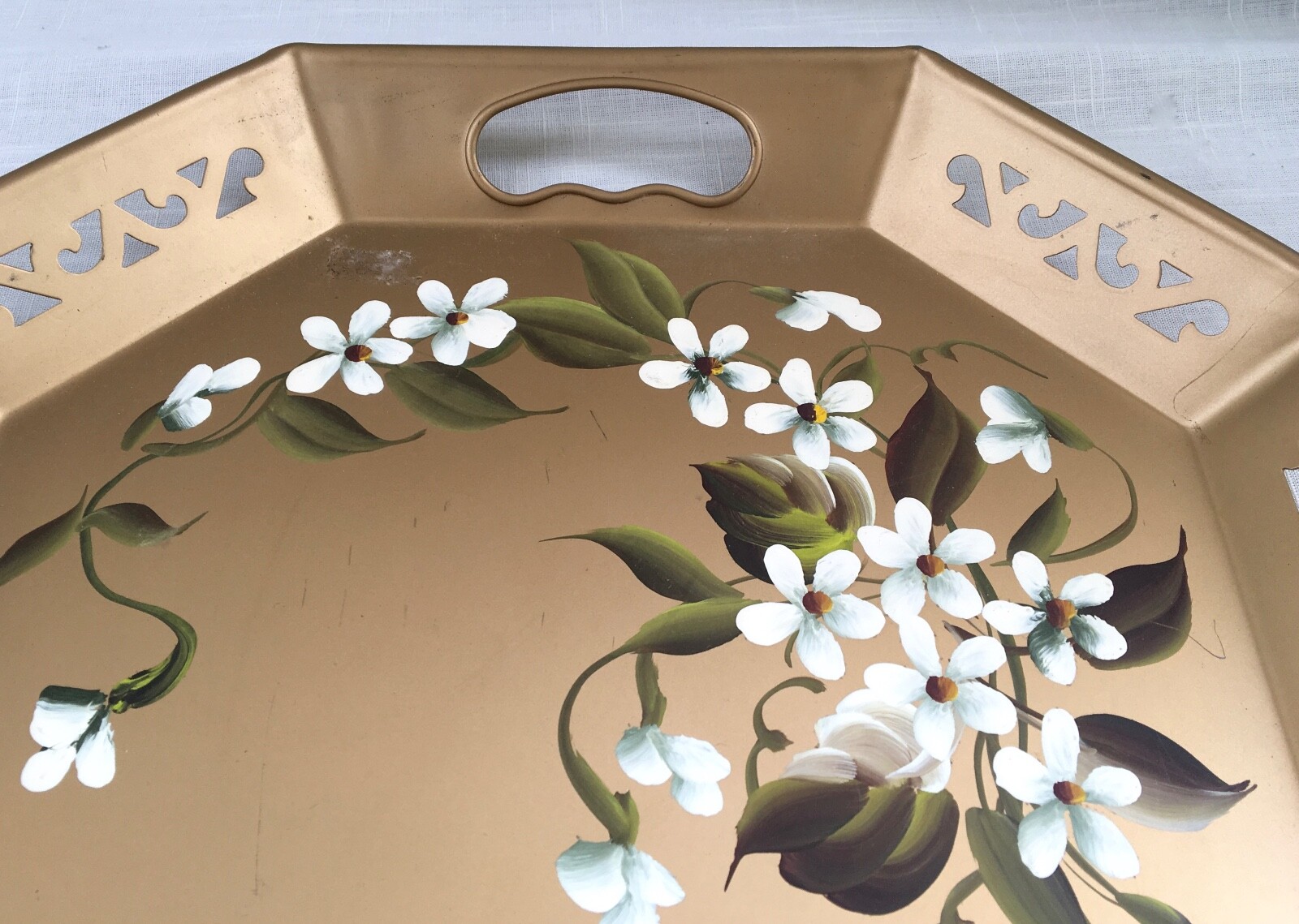 Vintage Tole Painted Hand Decorated Metal Tray - Pilgrim Art # 148 - Gold