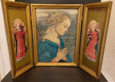 Grand Tryptique religieux Vintage catholic religious sacred art Oratoire Autel