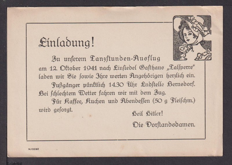Ansichtskarte Einladung Tanzstunden Ausflug 1941 Einsiedel Sachsen