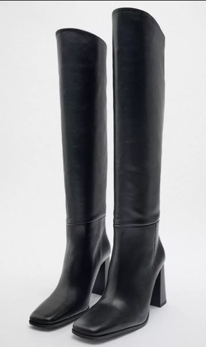 ZARA LEATHER BLOCK HEEL KNEE-HIGH BOOTS BLACK NEW FW23 REF