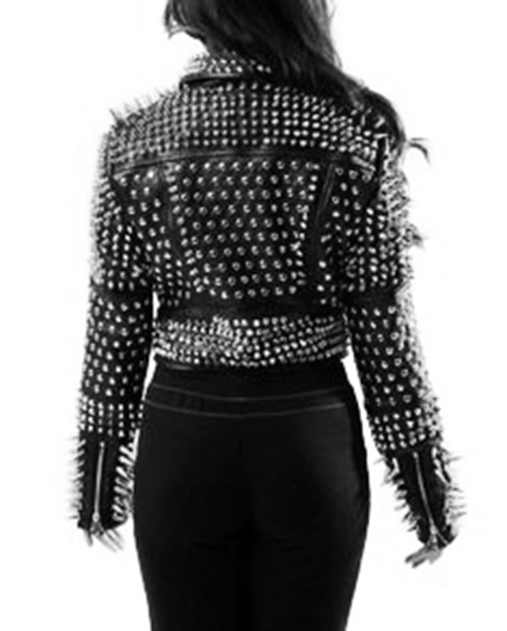 Pre-owned Handmade Women Steam Punk Full Long Spiked Studded Black Rock Motorcycle Leather Jacket