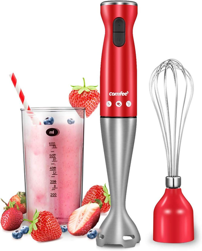 COMFEE' Immersion Hand Blender, Brushed Stainless Steel, 2-Speed, Red